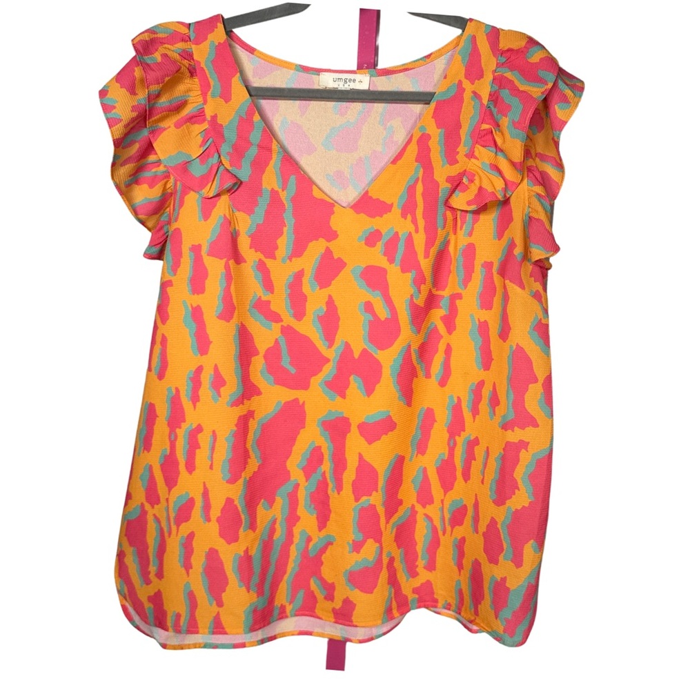 Umgee Yellow Pink Blue Abstract Ruffle Sleeve Blouse